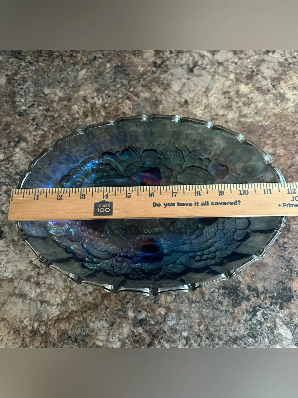 Vintage Blue and silver rainbow iridescent carnival glass fruit bowl